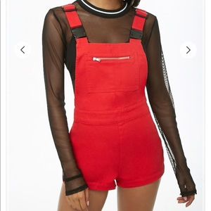 Buckle-Strap Red Denim Overalls